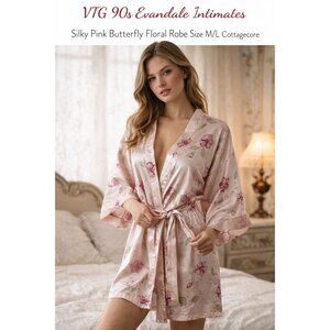 VTG 90s Evandale Intimates Silky Pink Butterfly Floral Robe Size M/L Cottagecore
